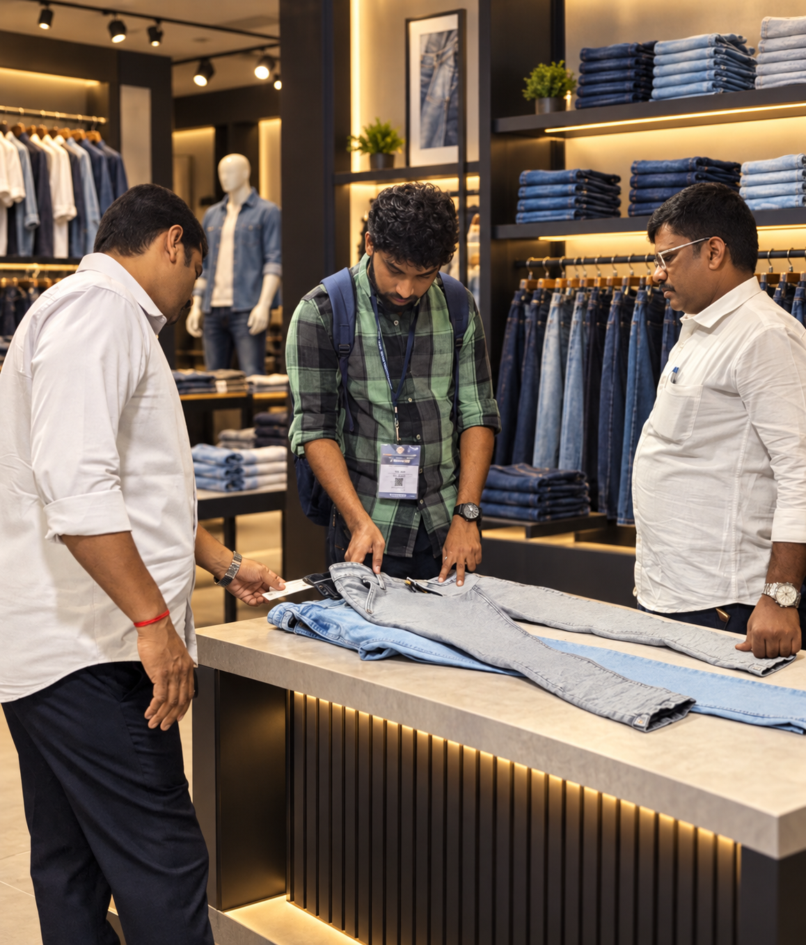 Customers selecting denim at Vishal Clothing