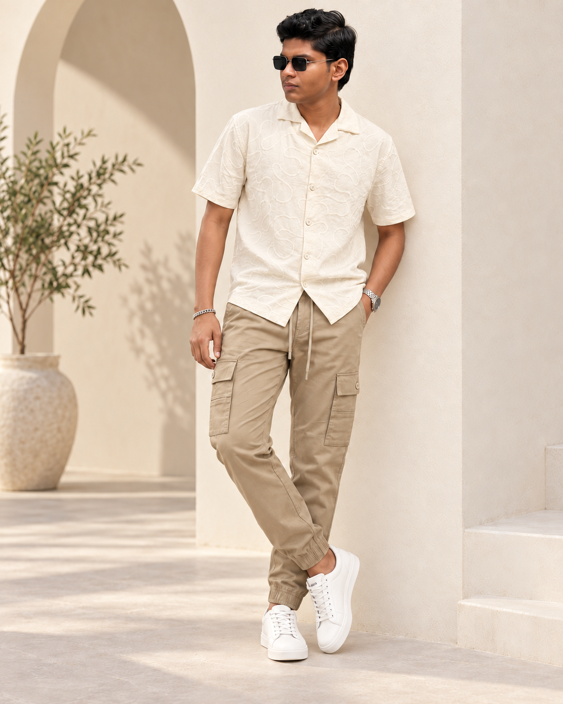 Model wearing Jacky & Jamey beige cargo pants with side-thigh flap pockets