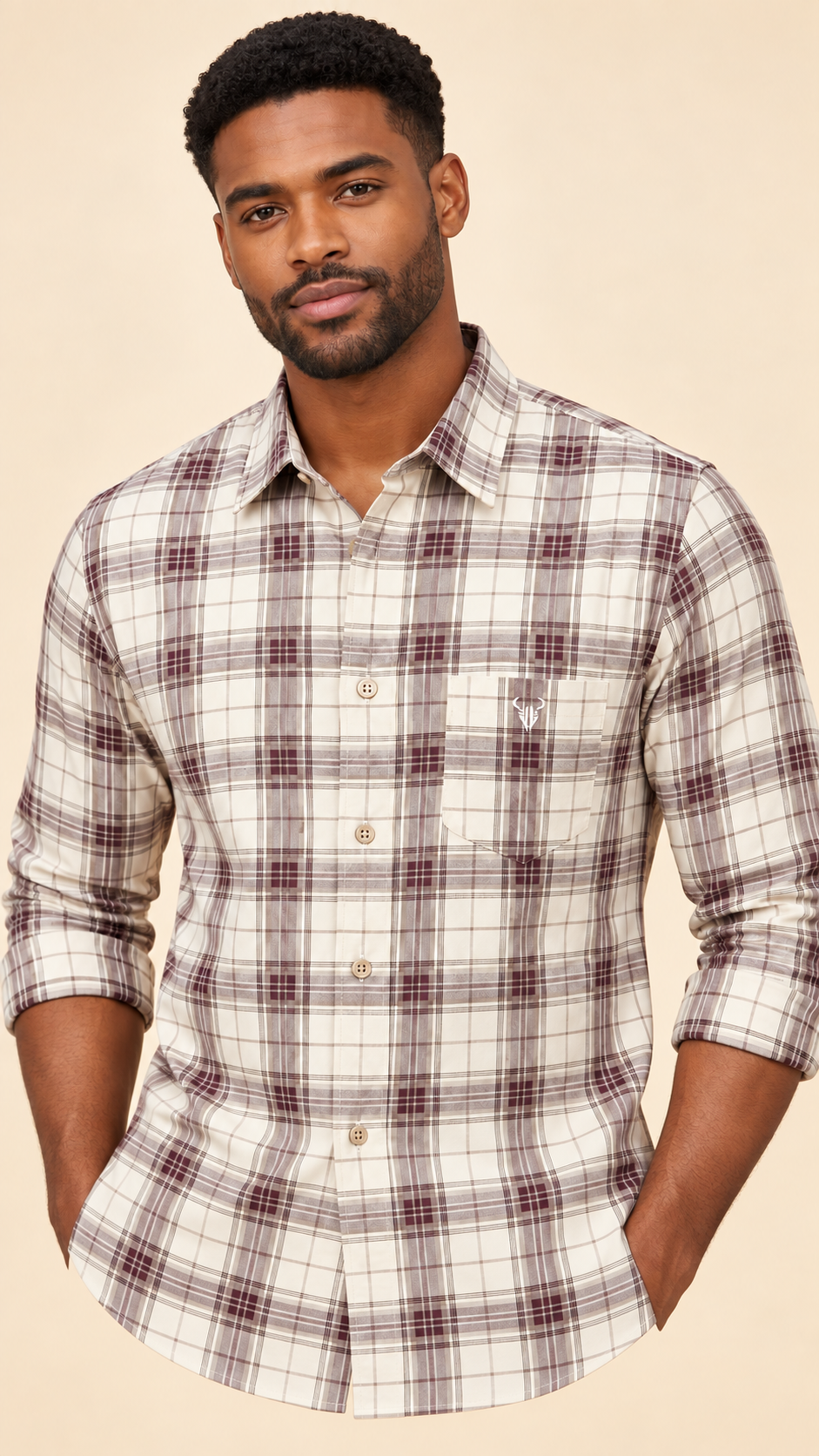 Model wearing the ivory checked Jacky and Jamey shirt