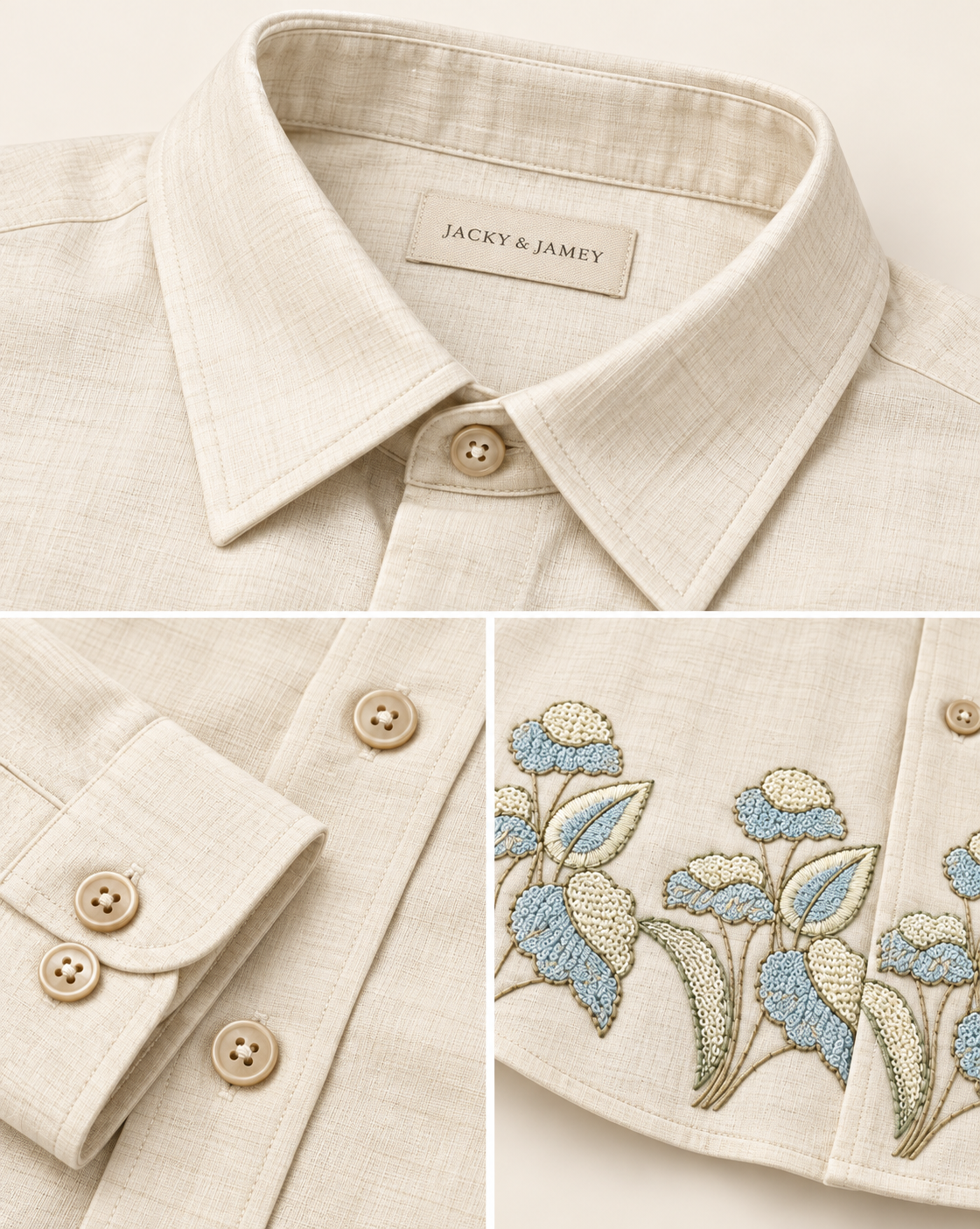 Blue floral embroidered shirt collar and hem detail
