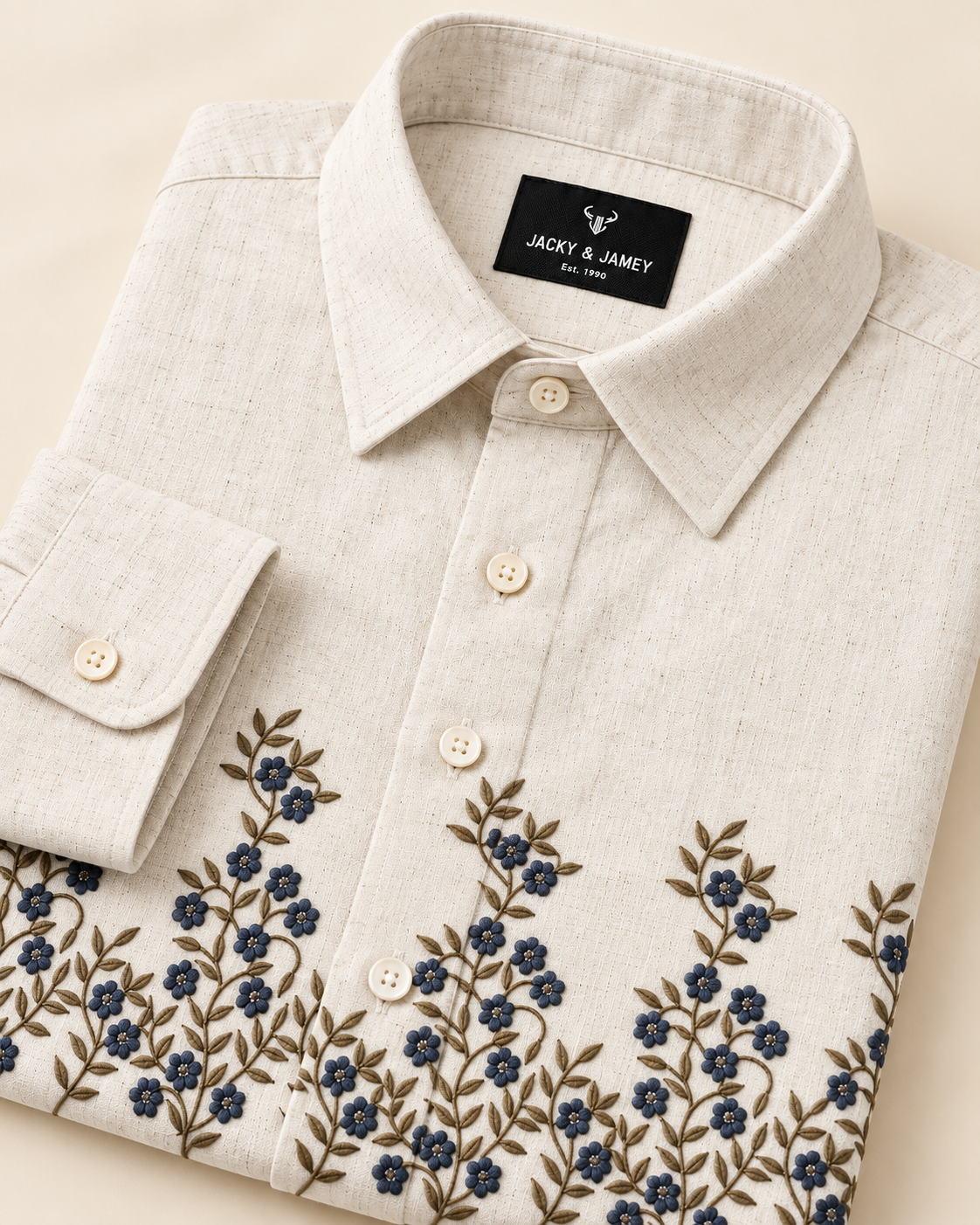 Ivory floral shirt collar and embroidery detail