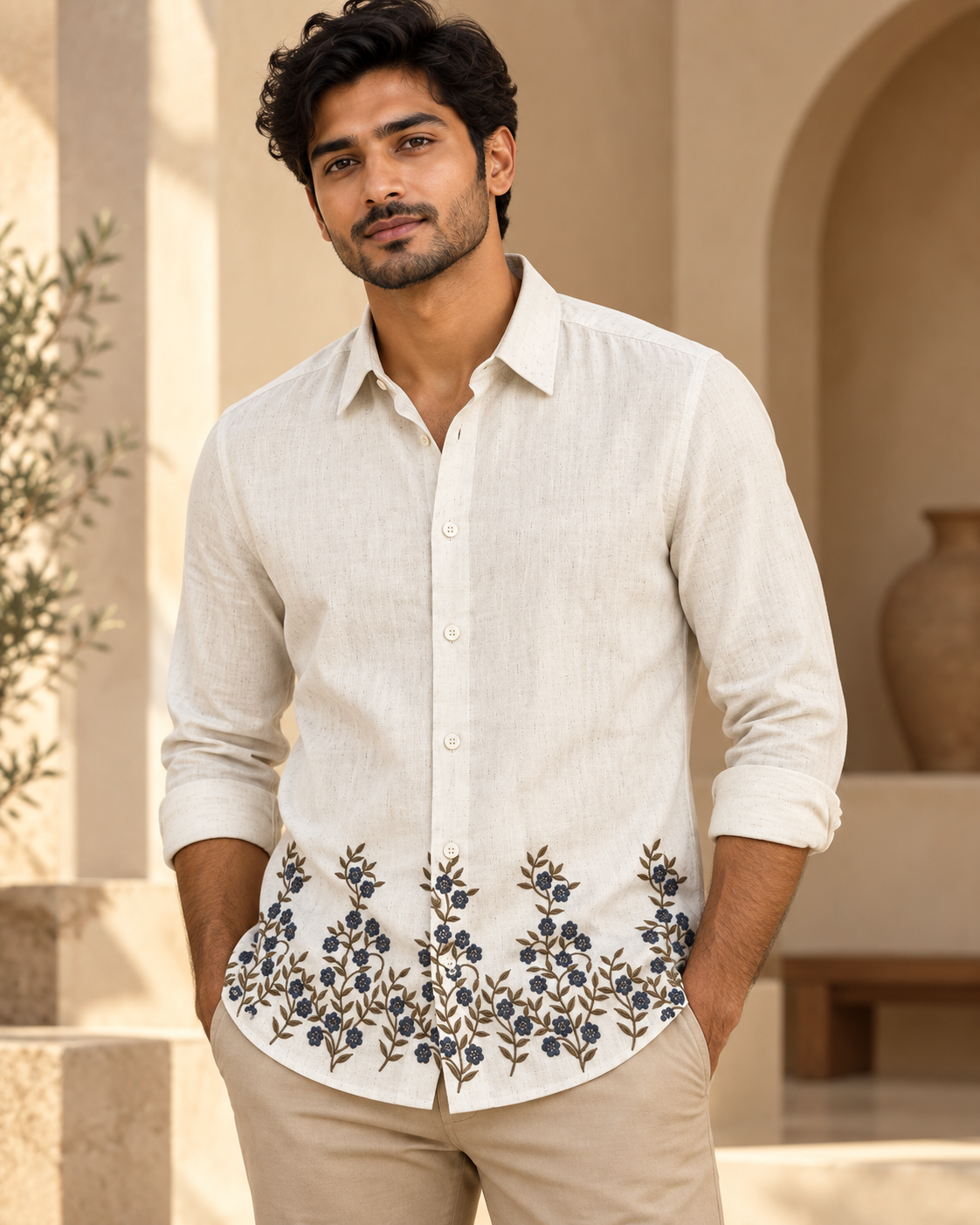 Model wearing ivory Jacky and Jamey floral embroidered shirt