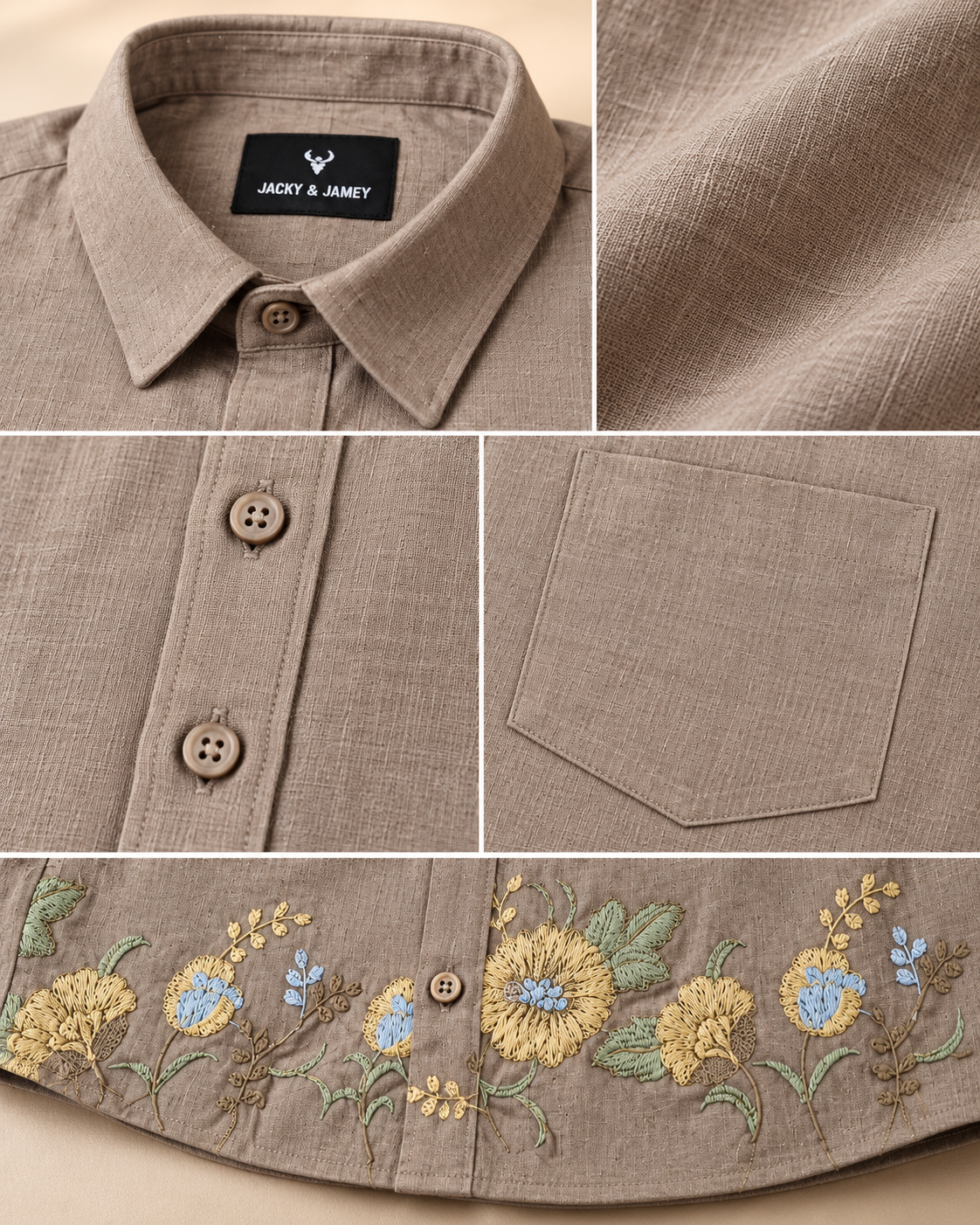 Taupe floral shirt collar pocket and embroidery detail