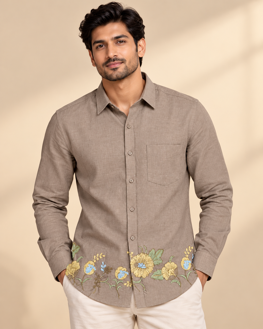 Model wearing taupe Jacky and Jamey floral embroidered shirt