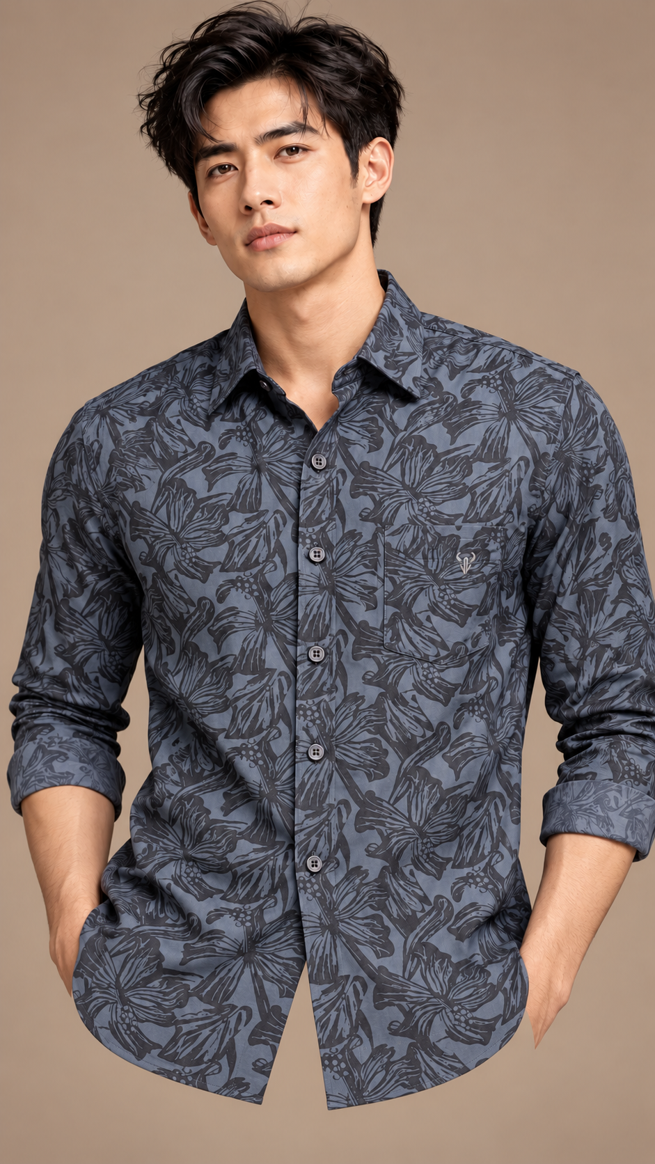 Model wearing the charcoal printed Jacky and Jamey shirt