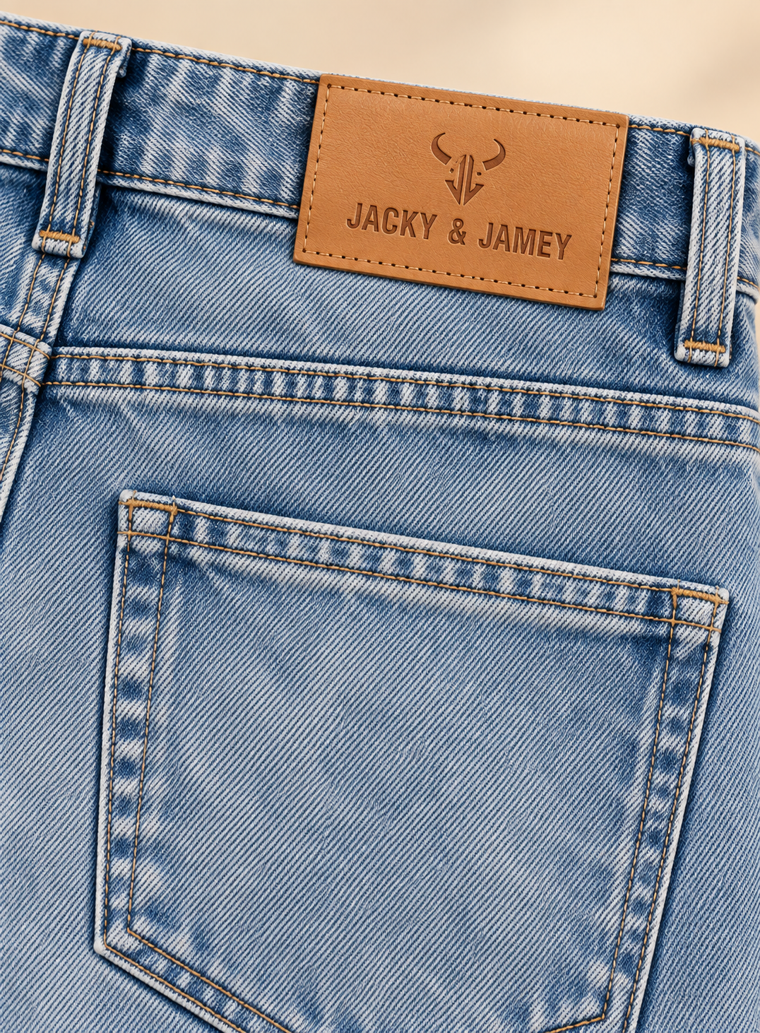 Light-wash baggy denim pocket, seam and waistband detail
