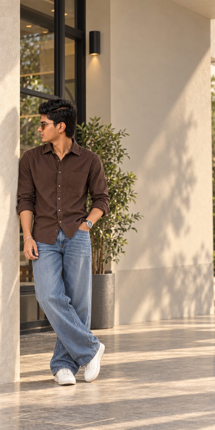 Model wearing light-wash baggy denim pants