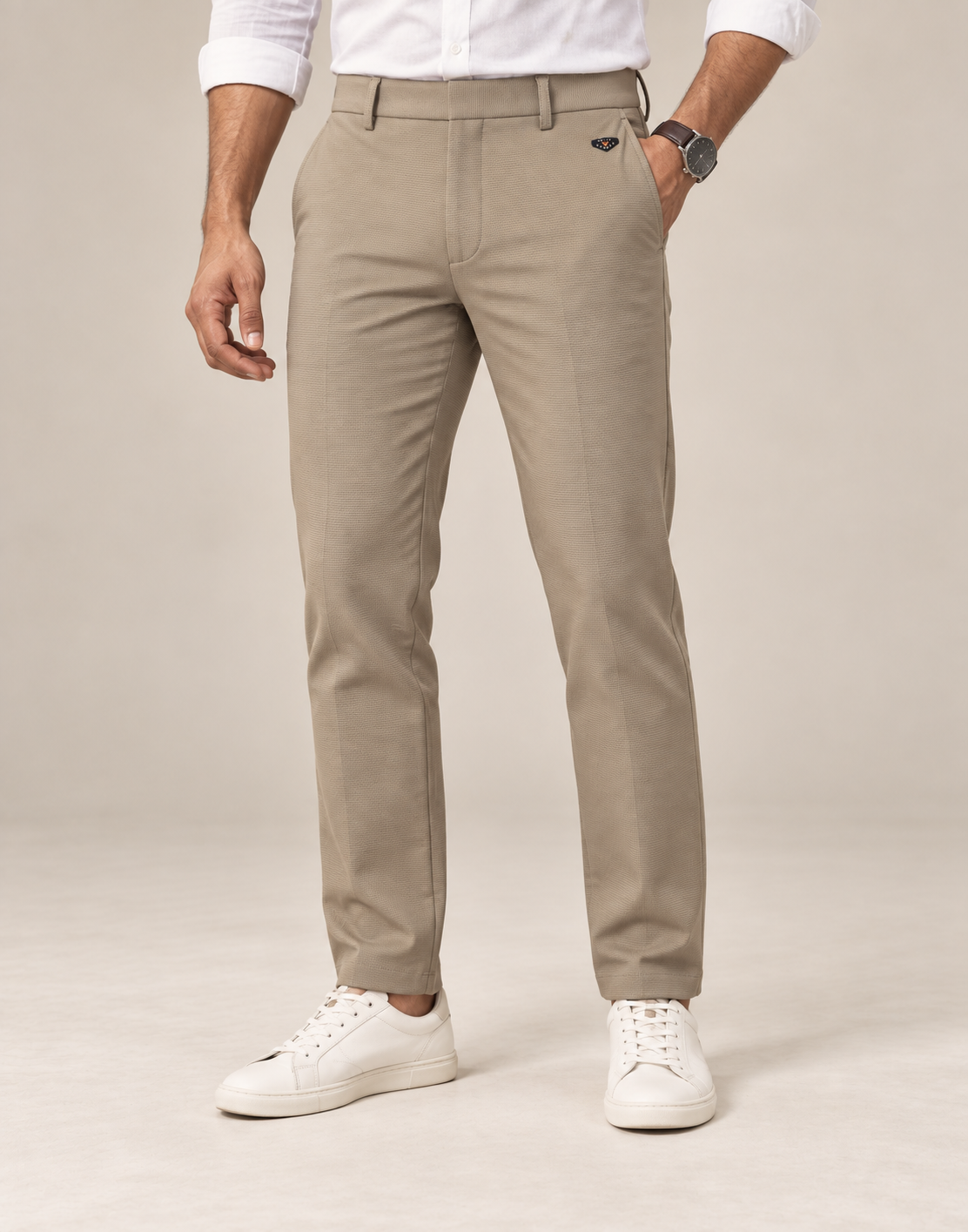 Model wearing a taupe Jacky and Jamey cotton trouser