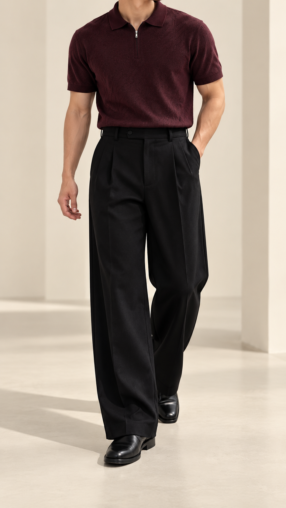 Model wearing black Korean fit wide leg trousers