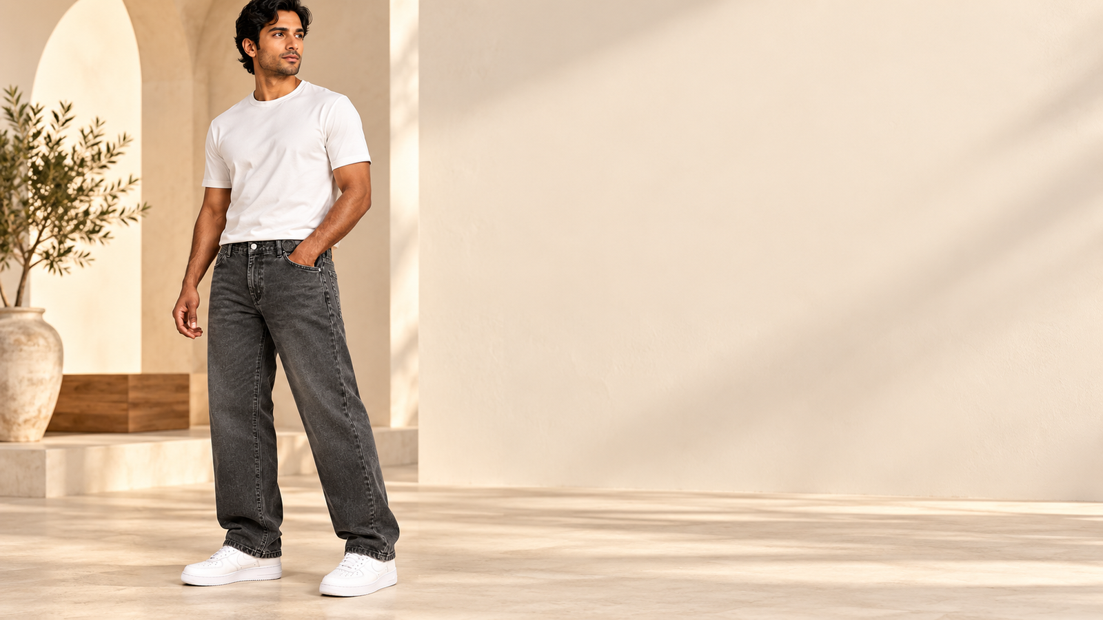 Model wearing charcoal washed denim pants from Vishal Clothing