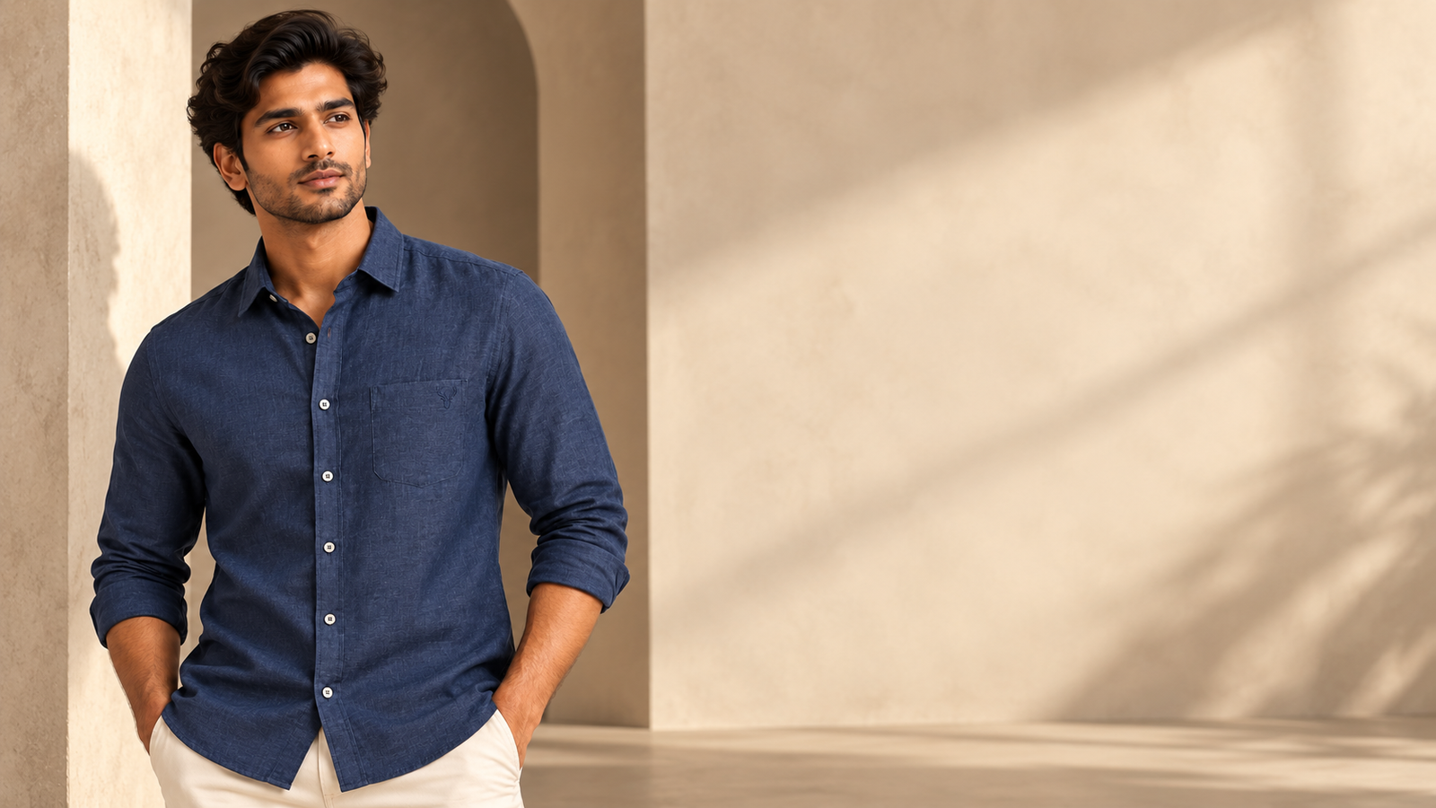Professional model wearing a navy shirt from Vishal Clothing's wholesale shirt collection