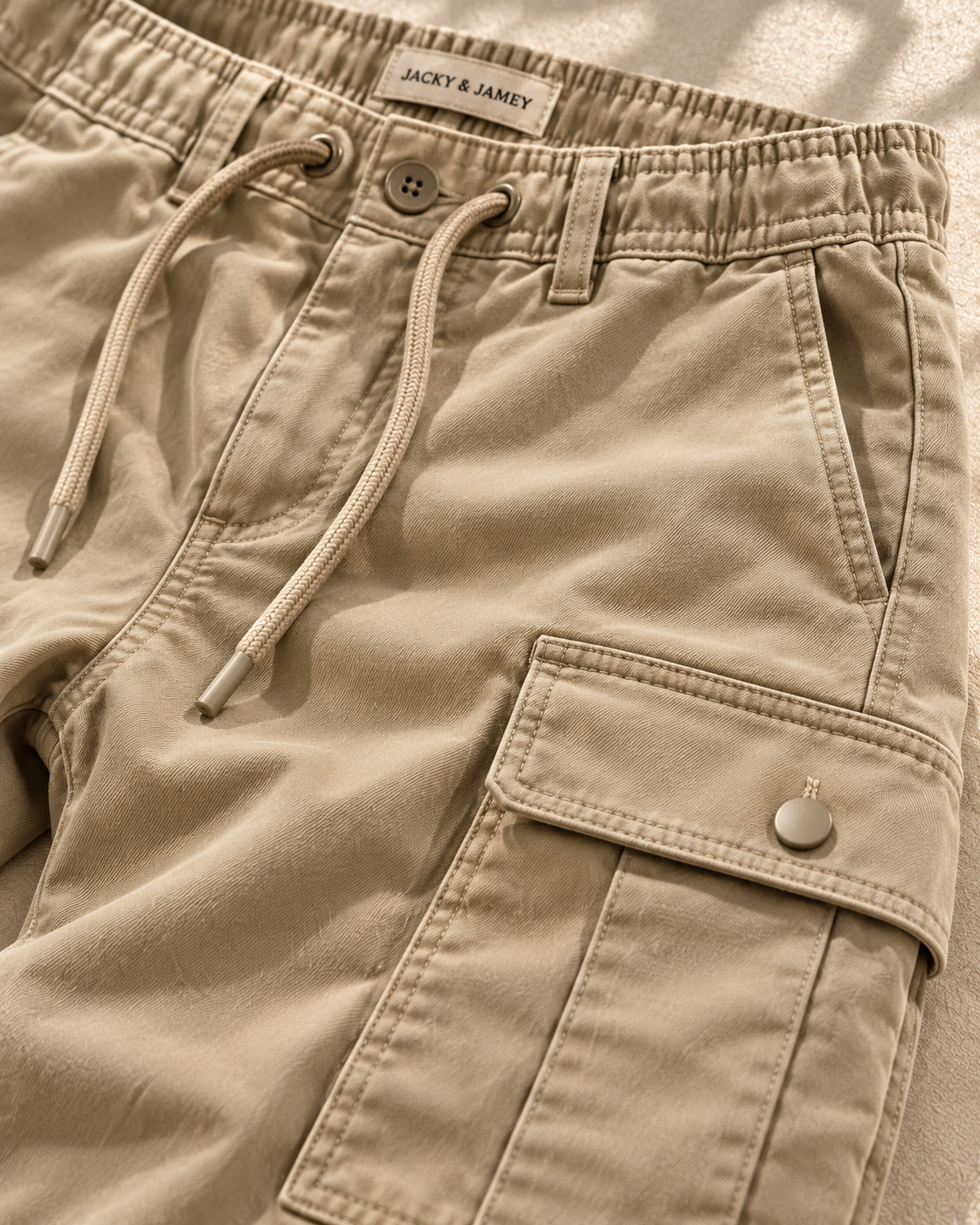 Jacky and Jamey cargo trouser pocket, fabric and label detail