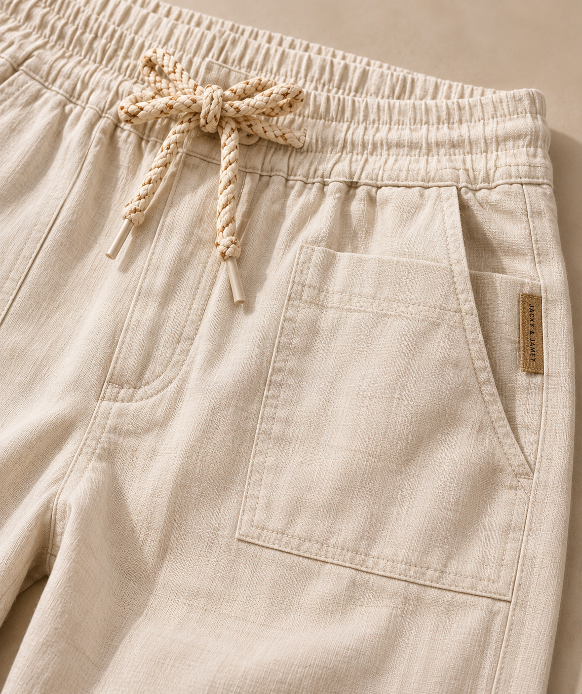 Professional Jacky and Jamey linen drawstring, pocket and label detail