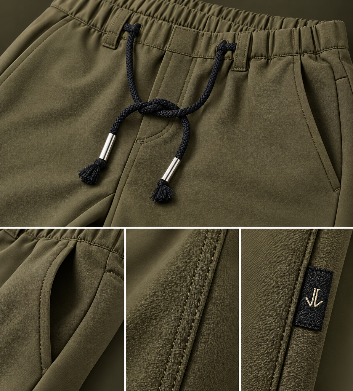Professional olive traveller trouser drawstring, pocket and label detail