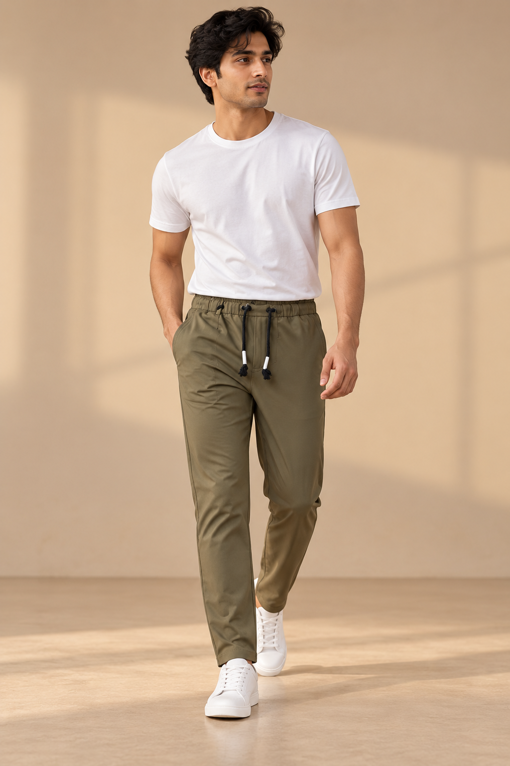 Model wearing olive Jacky and Jamey traveller trousers