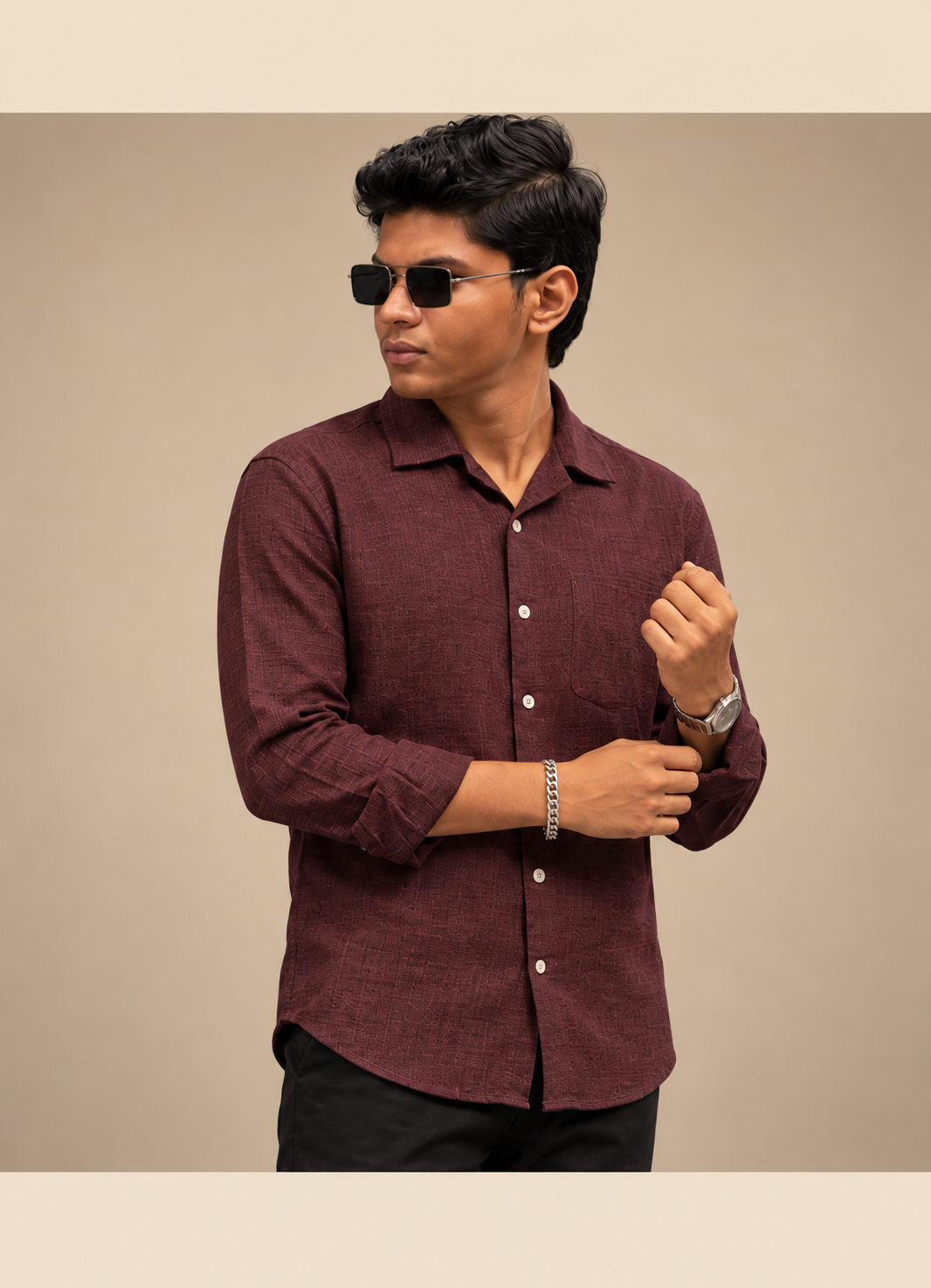 Model wearing a burgundy VEDKO solid shirt
