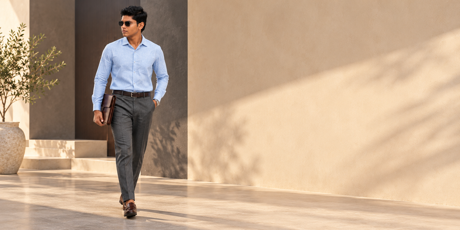 Male model wearing a light-blue shirt and grey trousers